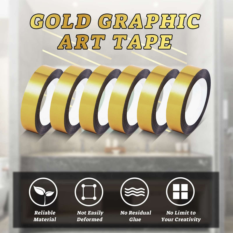 6 Rolls Gold Mirror Tape, Gold Tape for Wall Decor, Gold DIY Graphic Art Tape, Metallic Washi Mirror Tape for Cabinet Wall Wardrobe Bathroom Decoration Gift Wrapping, 1/2 Inch x 165 Yards - NewNest Australia