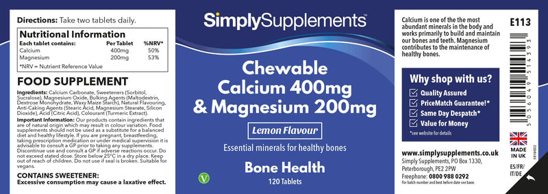 Chewable Calcium & Magnesium Tablets (120 Tablets) | Delicious Lemon Flavour | Vegan & Vegetarian Friendly | Crucial Nutrients for Bones & Muscles | Optimal 2:1 Ratio - NewNest Australia