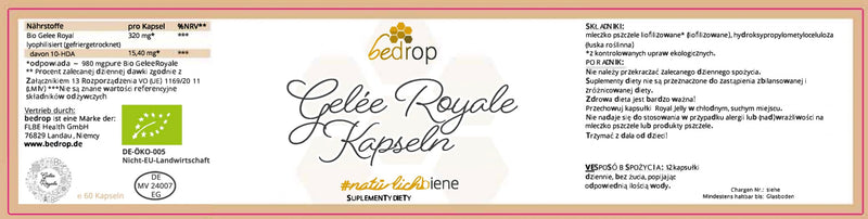 Bedrop Royal Jelly Capsules Organic Quality 60 Capsules - 1 Capsule = 980 Mg Pure Royal Jelly, 10-Hda Content <4.8% - Royal Jelly Rich In Polyphenols & Flavonoids - NewNest Australia