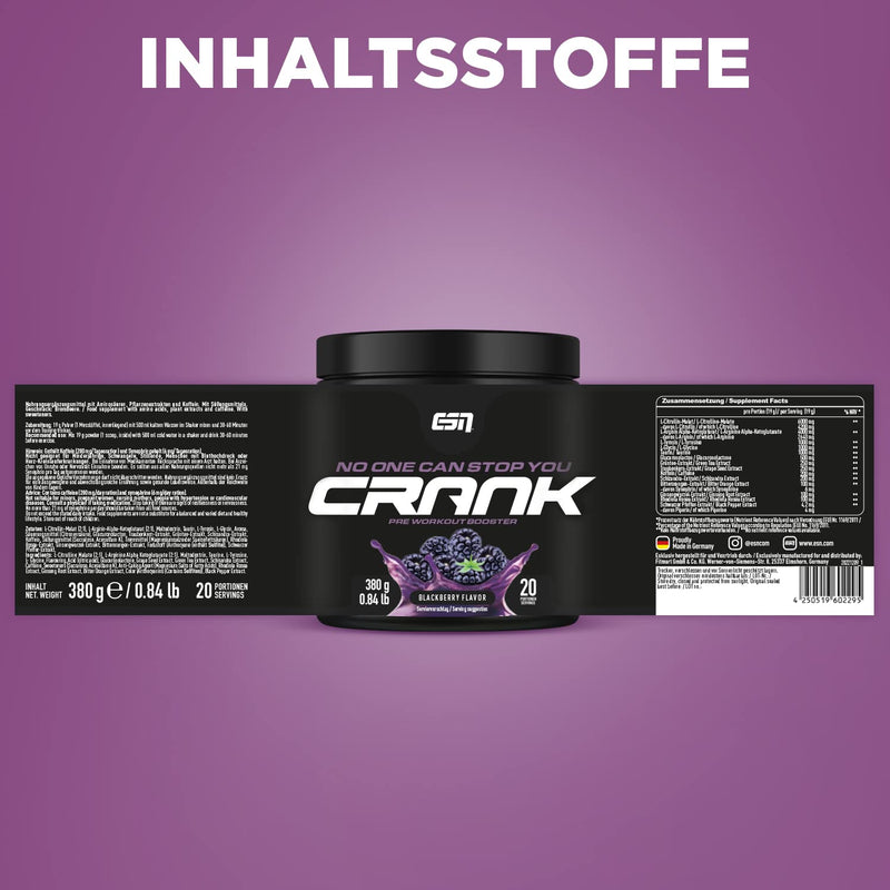 ESN Crank, Blackberry, powder, 380g, complete pre-workout booster - NewNest Australia