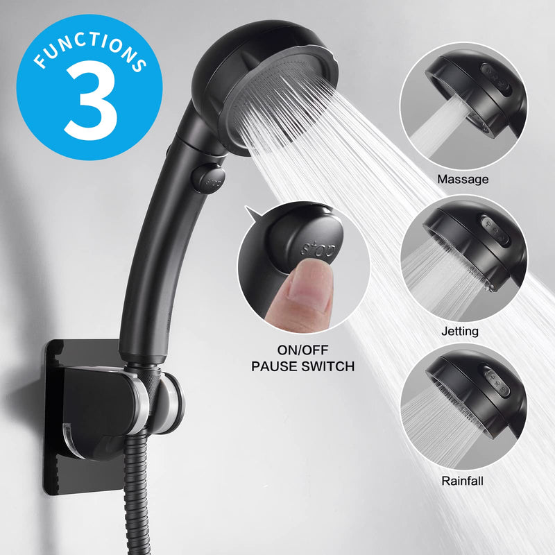 KAIYING Drill-Free High Pressure Handheld Shower Head with ON/OFF Pause Switch 3 Spray Modes Water Saving Showerhead , Detachable Puppy Shower Accessories (N:Shower Head (Black)+Bracket+Hose) Black - NewNest Australia