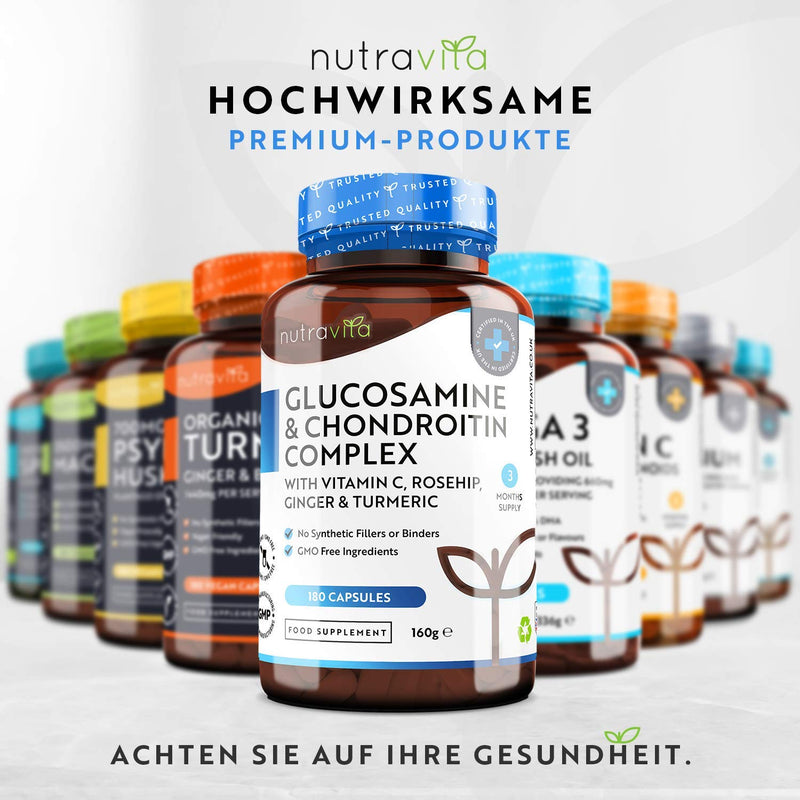 Glucosamine & Chondroitin Complex - 180 capsules - with vitamin C, turmeric, ginger and rose hip - GMO free and without additives - high dosage - NewNest Australia