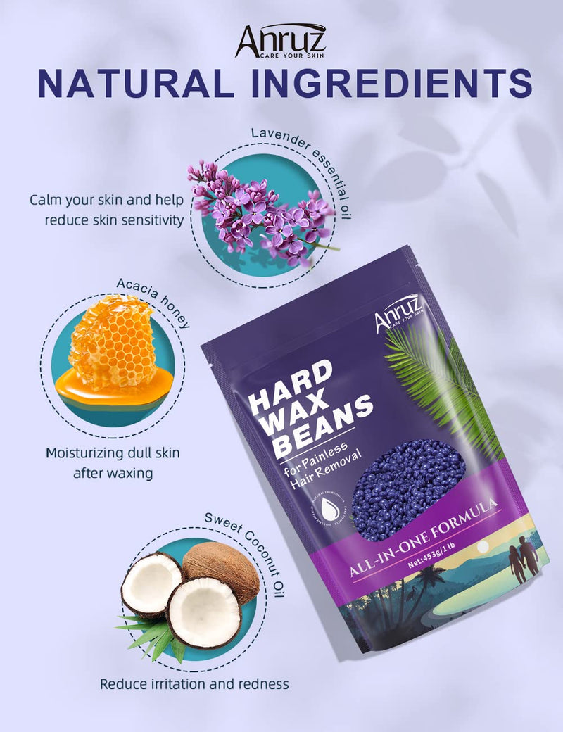 Anruz Waxing Beads For Sensitive Skin - 453G Wax Beads Hair Removal With 20 Applicators - Purple Wax Beads For Eyebrows, Face, Fine Hair At Home Waxing For Wax Warmers - NewNest Australia