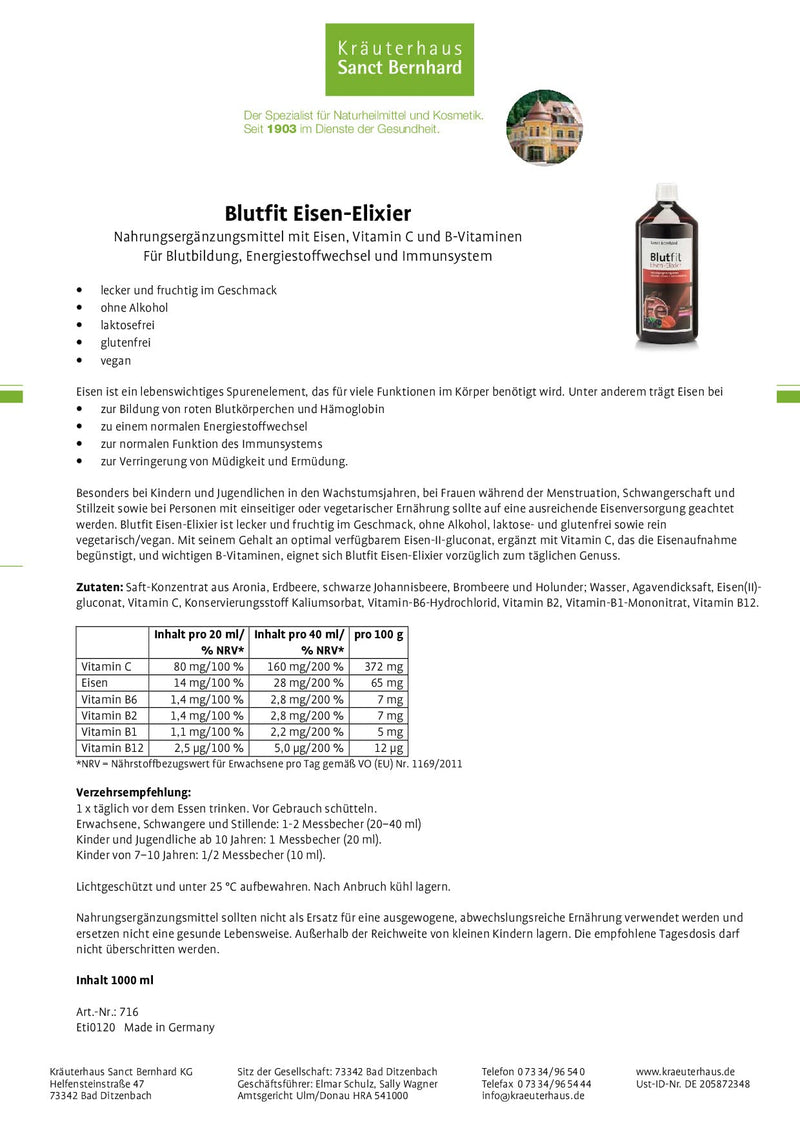 Sanct Bernhard Blutfit Iron Elixir 1000 ml 1 l (pack of 1) - NewNest Australia