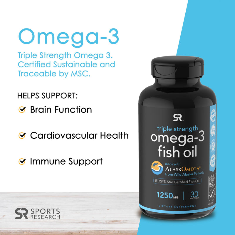 Sports Research Triple Strength Omega 3 Fish Oil Supplement - EPA & DHA Fatty Acids from Wild Alaskan Pollock - Heart, Brain & Immune Support for Adults, Men & Women - 1250 mg Capsules (30 ct) 30 Count (Pack of 1) - NewNest Australia