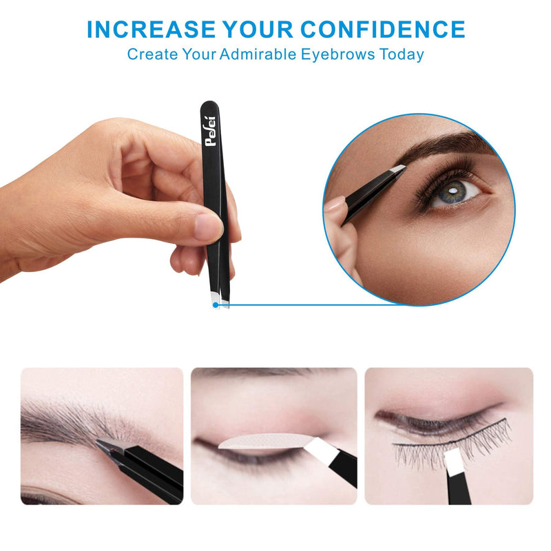 Pefei Tweezers Set - Professional Stainless Steel Tweezers for Eyebrows - Great Precision for Facial Hair, Splinter and Ingrown Hair Removal (Black) - NewNest Australia