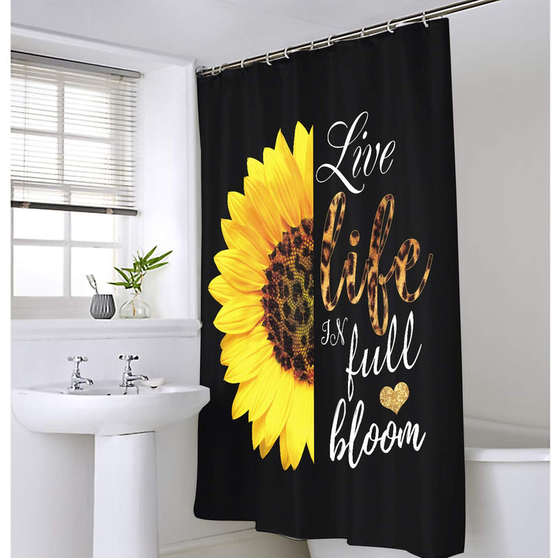 Homewelle Sunflower Shower Curtain Leopard Motivational Quotes Black Yellow Live Life in Full Bloom Floral Inspirational Print 60x72inch 12 Pack Plastic Hooks Polyester Fabric Bathroom Bathtub 60Wx72L - NewNest Australia