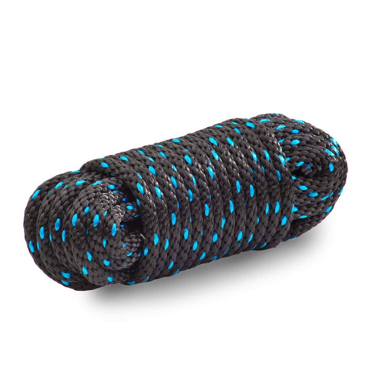 Rope Ratchet 3/8", 50 ft Solid Braided Polypropylene Rope, Heavy Duty, All Purpose, Utility Cord Tie Down Rope for Camping, Tie, Pull, and Knot, Indoor and Outdoor Use - Black with Blue Tracers Black-blue - NewNest Australia