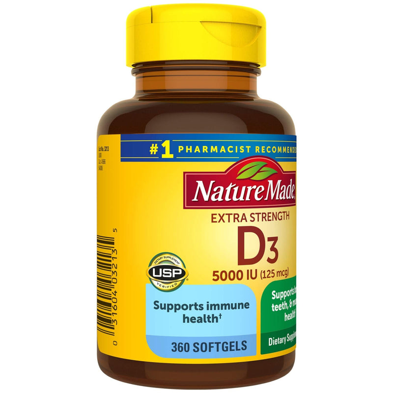 Nature Made Extra Strength Vitamin D3 5000 IU (125 mcg), Dietary Supplement for Immune Support, 360 Softgels, 360 Day Supply - NewNest Australia