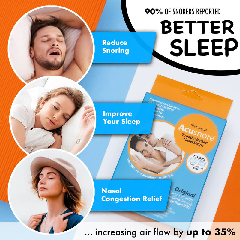 Anti Snore Strips Acusnore® Nose Strips for Snoring Suitable Snoring Aids for Men & Women Includes 105 Breathe Better Nasal Strips for Better Sleep (x3 Packs of 35) (S/M) S/M - NewNest Australia