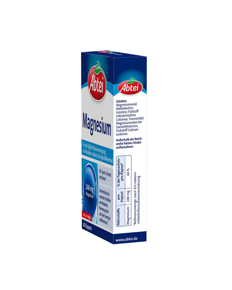 Abbey Magnesium - for sport, leisure and work - for a daily basic supply of magnesium for muscle and nerve function - with 240 mg magnesium - 1 x 40 capsules - NewNest Australia