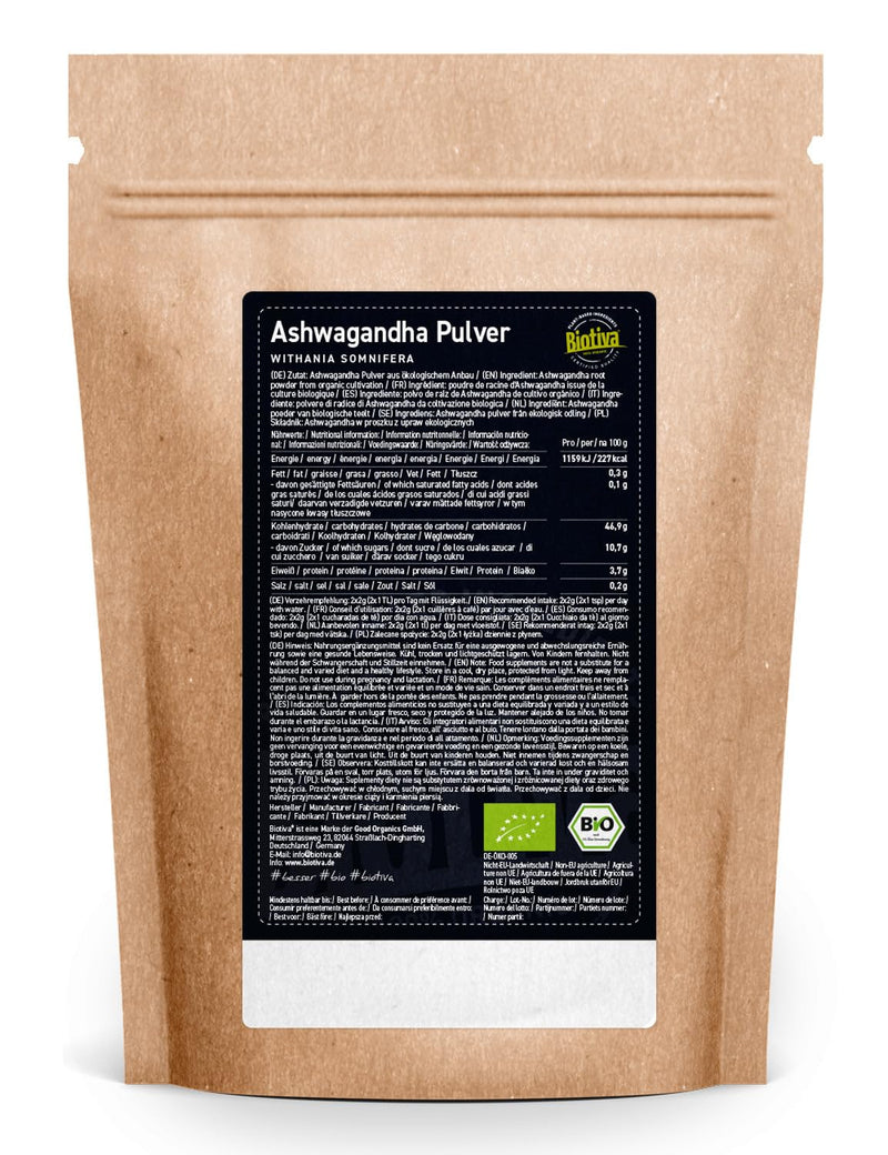 Biotiva Ashwagandha Organic Powder 500 G - Ashwaganda Root Powder - Sleep Berry - Ayurveda - Indian Ginseng - In Resealable Zip Bag - Bottled And Controlled In Germany - NewNest Australia