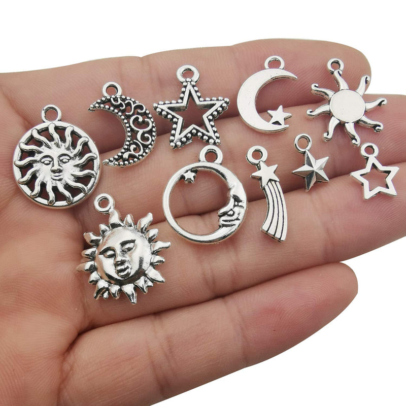 100g(80pcs) Craft Supplies Mixed Antique Silver Sun Moon Stars Charms Pendants for Crafting, Jewelry Findings Making Accessory for DIY Necklace Bracelet (M250) - NewNest Australia