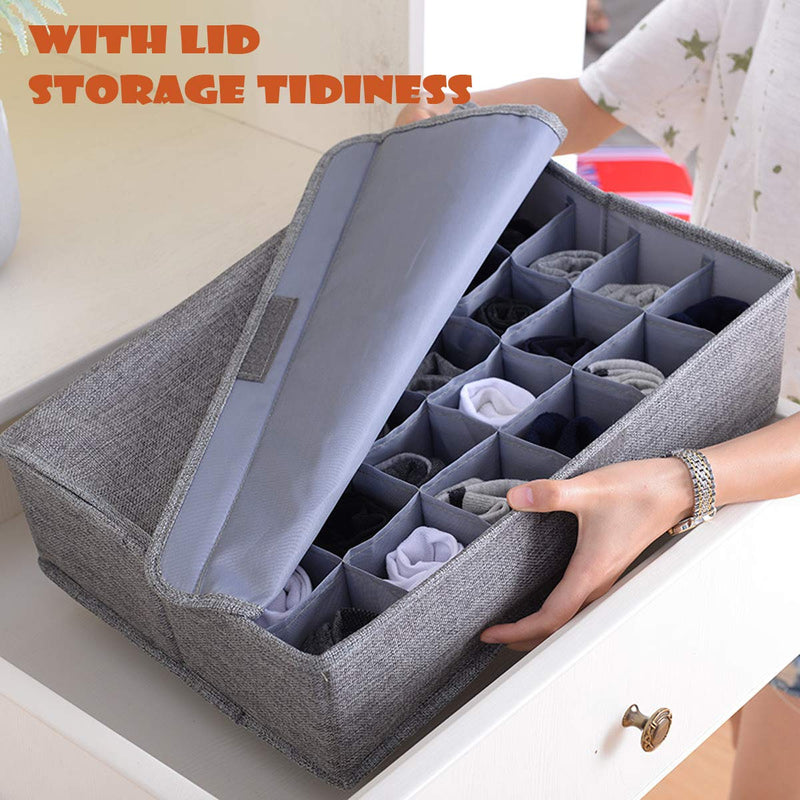 NewNest Australia - Underwear Socks Storage Organizer with Lids Foldable Closet Drawer Divider 30 Cells, Linen Cotton Storage Box Bin for Socks Underwear Ties Scarves and Lingerie in Wardrobe by AARainbow (Gray) Gray 