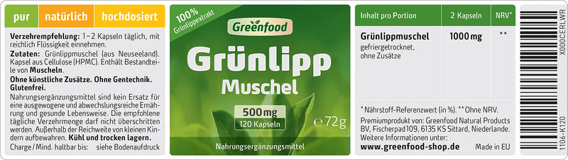 Green-lipped mussel, 500 mg, high-dose extract, 120 capsules - WITHOUT artificial additives. Without genetic technology. 120 pieces (pack of 1) - NewNest Australia