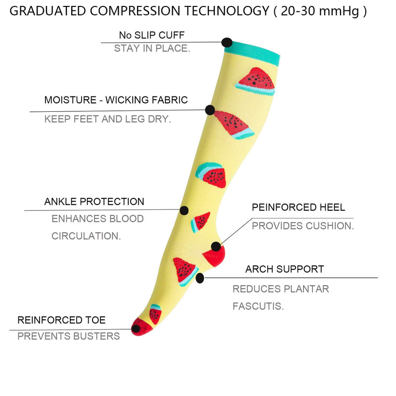 Compression Socks for Men & Women (6Pair) Non-Slip Long Tube Ideal for Running,Nursing,Circulation & Recovery Boost Stamina, Hiking Travel & Flight Socks 20-30 mmHg S-M Fruit - NewNest Australia