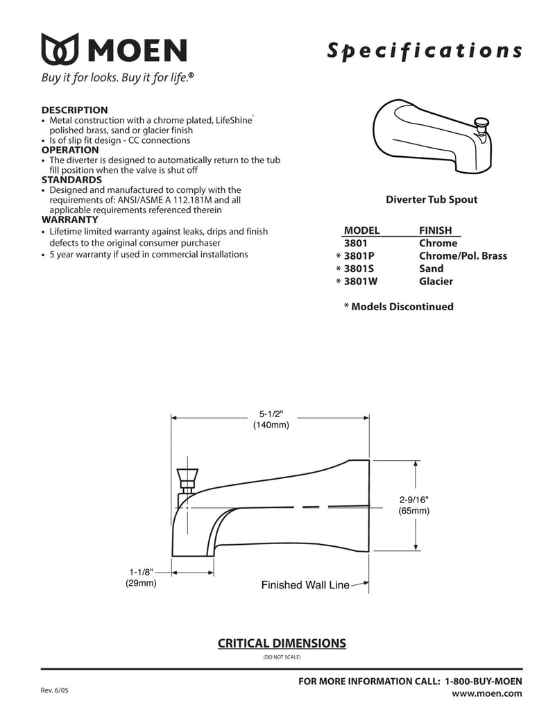 Moen 3801 Tub Spout with Diverter, 1/2-Inch Slip-fit CC Connection, Chrome Transitional - NewNest Australia