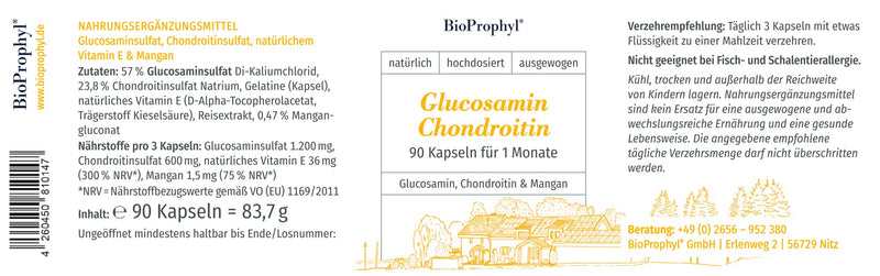 Bioprophyl Glucosamine Chondroitin - Joint Complex With 400 Mg Glucosamine Sulphate And 200 Mg Chondroitin Sulphate Supplemented With Vitamin E And Manganese - 90 Capsules - NewNest Australia