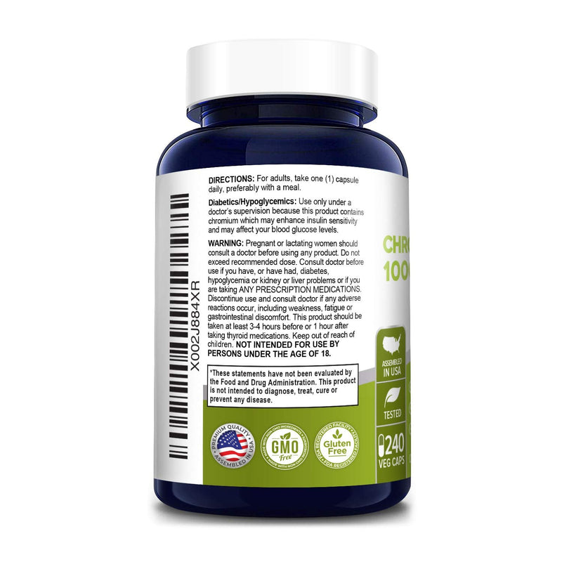 Chromium Picolinate 1000mcg 240 Veggie Capsules (Non-GMO & Gluten Free) - NewNest Australia