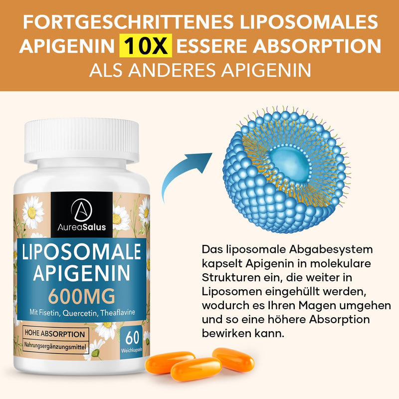 Apigenin 600 mg, extra strong liposomal apigenin capsule - high dose, with fisetin, quercetin and theaflavins (60 pieces (pack of 1)) 60 pieces (pack of 1) - NewNest Australia