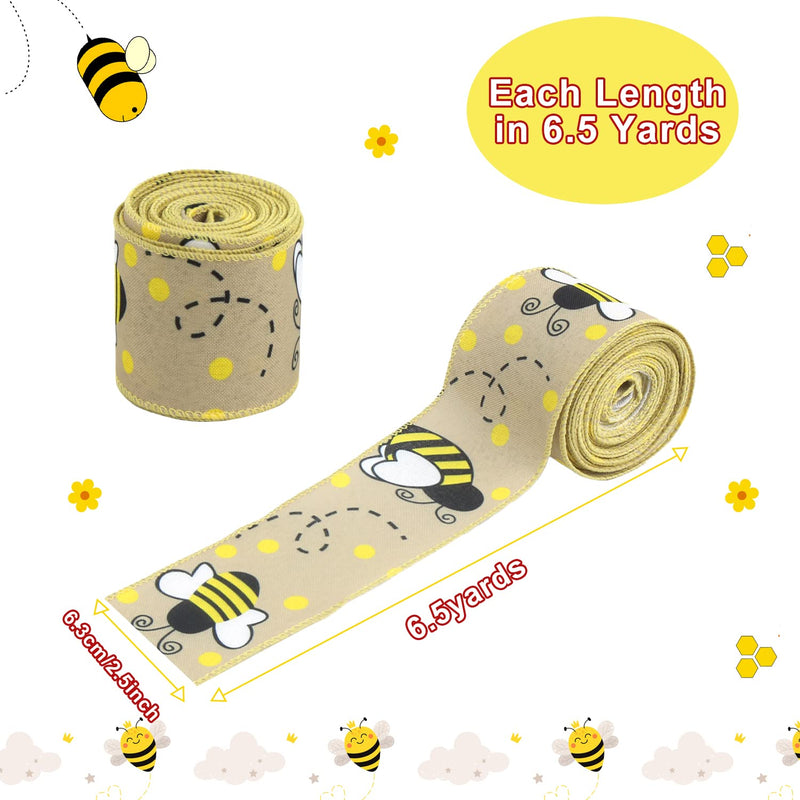 CCINEE 4 Rolls Wired Edge Ribbons with Bee,2.5 Inch×26 Yards Yellow Satin with Honeybee Polka Dot Stripe Plaid Check for Wreath Floral Arrangements Crafts Wrapping Supplies DIY Hair Bow 1 - NewNest Australia