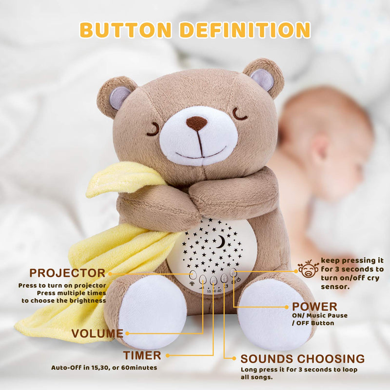 BEREST Rechargeable Baby Sleep Soother Smile Bear, Mom's Heartbeat Baby Cry Sensor Lullabies & Shusher Sound Soother, Nursery Decor Night Light Projector Toddler Crib Sleeping Aid, Baby Shower Gifts Coffee Brown - NewNest Australia