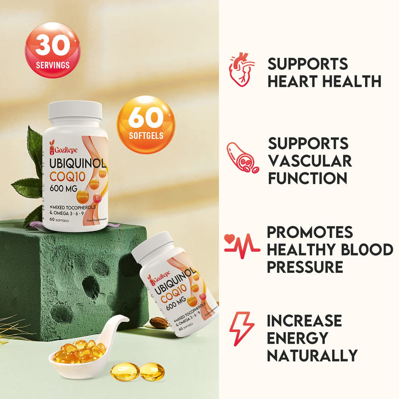 Ubiquinol CoQ10 600 mg soft capsules with Omega 3, 6, 9 and vitamin E, 30 servings of coenzyme Q10 (active form) supplement, higher absorption (60 pieces) 60 pieces (pack of 1) - NewNest Australia