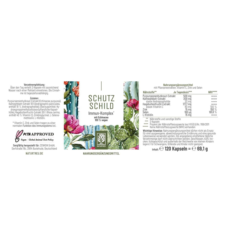 Immune System Complex - 500mg Echinacea with Vitamin C Zinc Selenium L-Histidine & Kalmegh - Strengthen the immune system * vegan & without additives - 120 Echinacea Purpurea capsules for 60 days - NewNest Australia