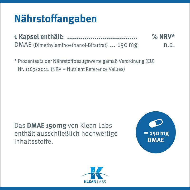 Klean Labs - DMAE (dimethylaminoethanol) 150mg per capsule - 200 capsules - vegan, without genetic engineering, without unwanted additives & high dosage - NewNest Australia