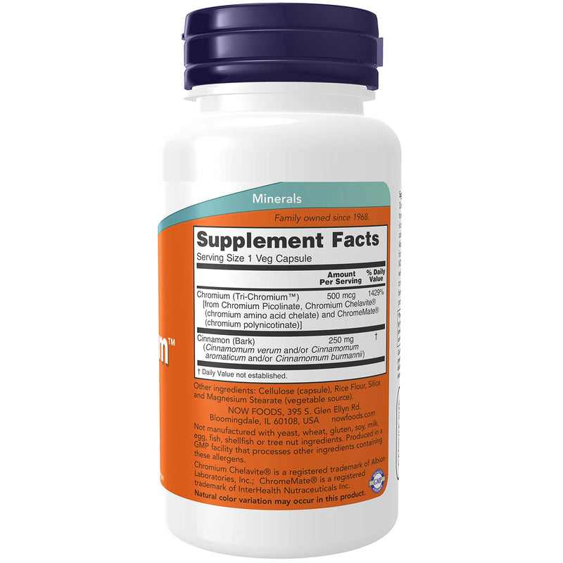 NOW Supplements, Tri-Chromium™ 500 mcg with Cinnamon, Insulin Co-Factor*, 90 Veg Capsules - NewNest Australia