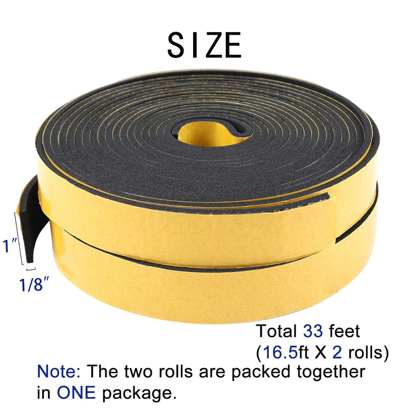 Yotache Adhesive Weather Stripping 2 Rolls 1" W X 1/8" T, Neoprene Foam Weatherstrip Tape for Automotive, 33 Ft Length (2 X 16.5 Ft Each) 1" x 1/8" x 33' - NewNest Australia