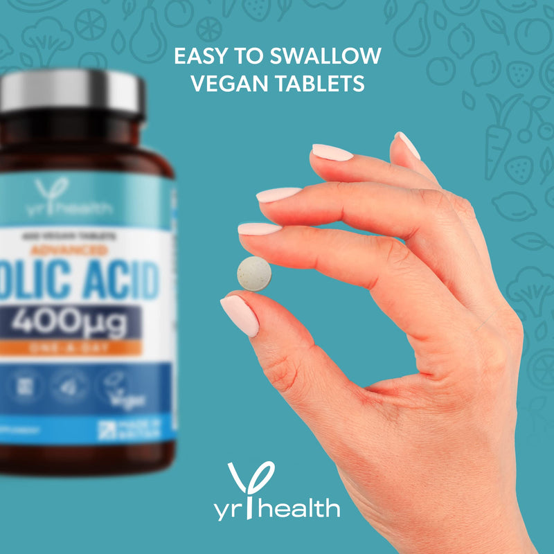 Folic Acid 400 mcg Tablets - 400 Vegan Vitamin B9 Tablets for Women, 13 Month Supply, Folic Acid Pregnancy for Normal Function of Immune System and Maternal Tissue Growth - Made in The UK by YrHealth - NewNest Australia