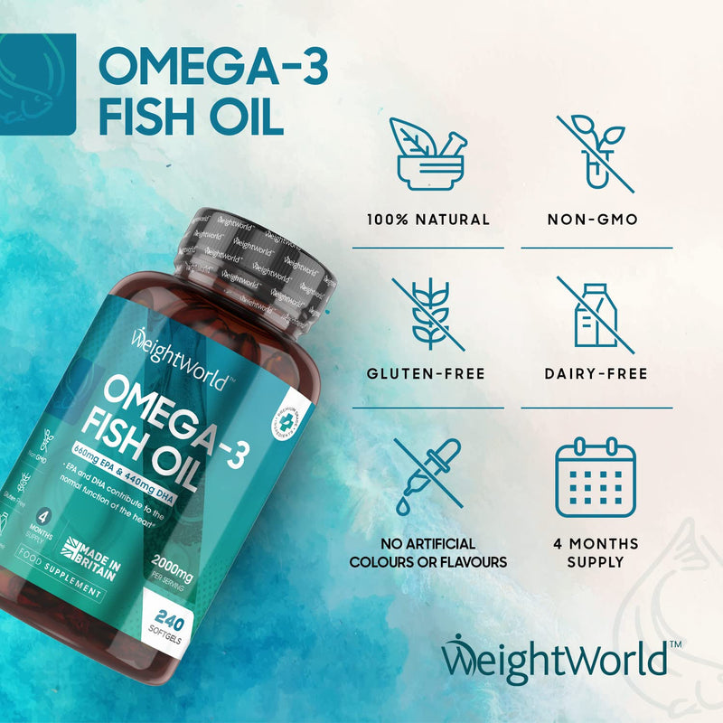 Omega 3 Fish Oil 2000mg - High Strength 660mg EPA & 440mg DHA Per Serving - 4 Month Supply (240 Omega 3 Capsules Softgel) - Pure Fish Oil Supplement - Easy to Swallow Fish Oil Omega 3 Softgel -UK Made - NewNest Australia