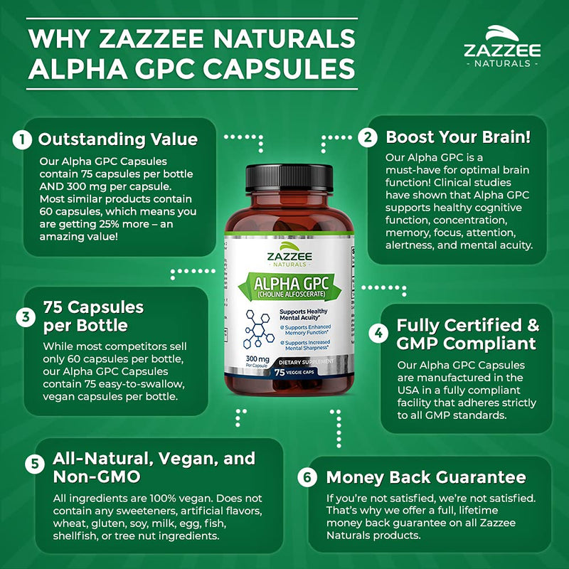 Zazzee Alpha GPC Choline 600 mg per Serving, 75 Count, Vegan, Support for Overall Brain Function, Memory, Focus and Concentration - NewNest Australia