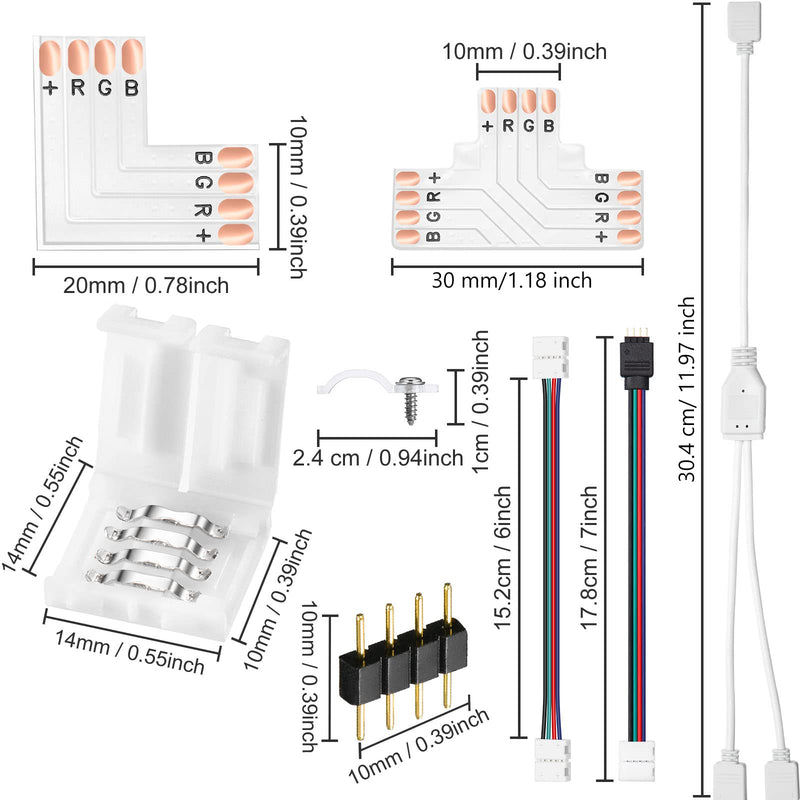 5050 4 Pin RGB LED Strip Connector Kit Includes RGB Extension Cable, LED Strip Jumper, 2 Way RGB Splitter Cable, L Connectors, T Connector, Gapless Connectors, 4 Pin Male Connector, LED Strip Clips - NewNest Australia