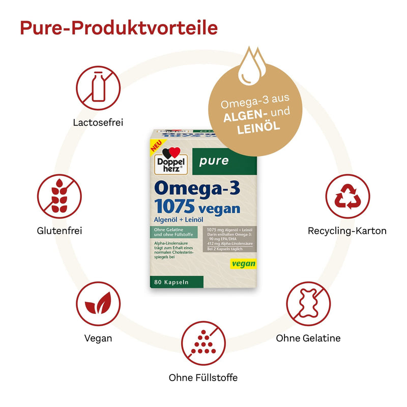 Doppelherz pure Omega-3 1075 vegan - algae oil + linseed oil - alpha-linolenic acid contributes to maintaining normal cholesterol levels - 80 capsules Single 80 pieces (pack of 1) - NewNest Australia