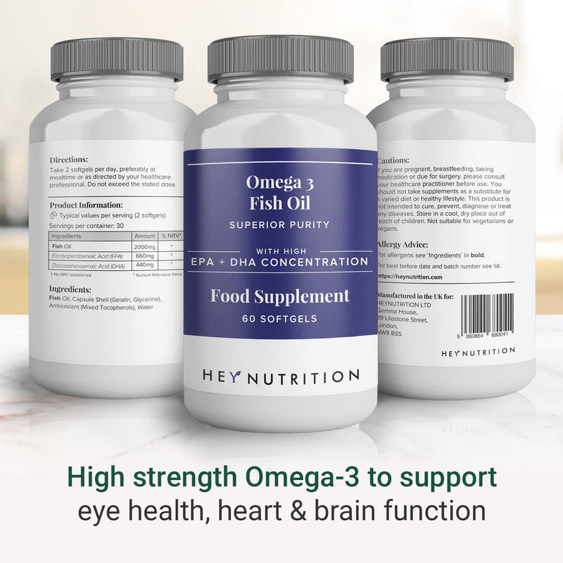 Hey Nutrition Pure Omega-3 Fish Oil 2000mg with Vitamin E - Maintains Heart, Joint, Brain & Immunity Support - Men & Women - 60 Capsules & Non GMO 60 Count (Pack of 1) - NewNest Australia