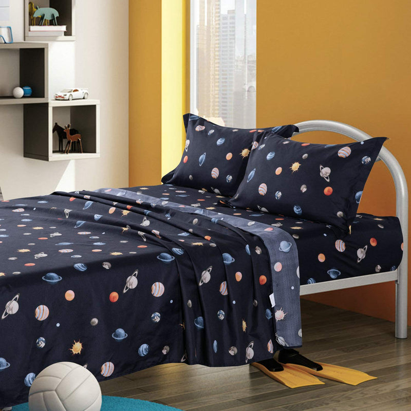 ORIHOME Planet Space Full Bed Sheets, 4 Piece Bedding Set with 1 Fitted Sheet, 1 Flat Sheet and 2 Pillowcases, Durable Brushed Microfiber Made (Planet Space, Navy Blue, Full) Planet Space, Navy Blue - NewNest Australia