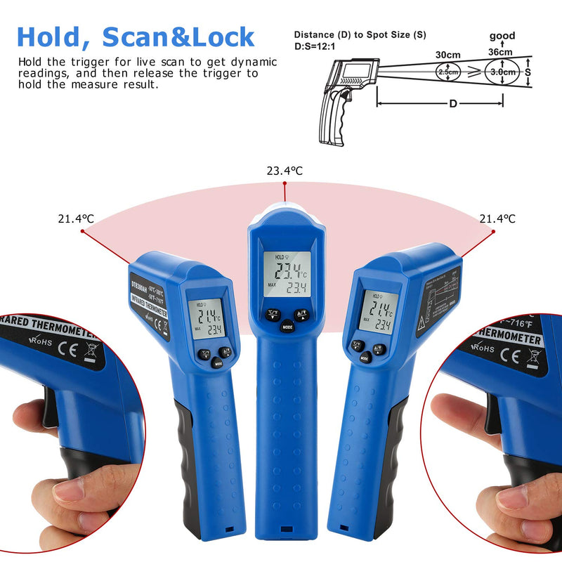 Infrared Thermometer Temperature Gun -58℉~ 716℉ (-50℃ ~ 380℃) Non-Contact Instant-Read Digital Laser Infrared Ir Thermometer with Backlight (Blue) Blue1 - NewNest Australia