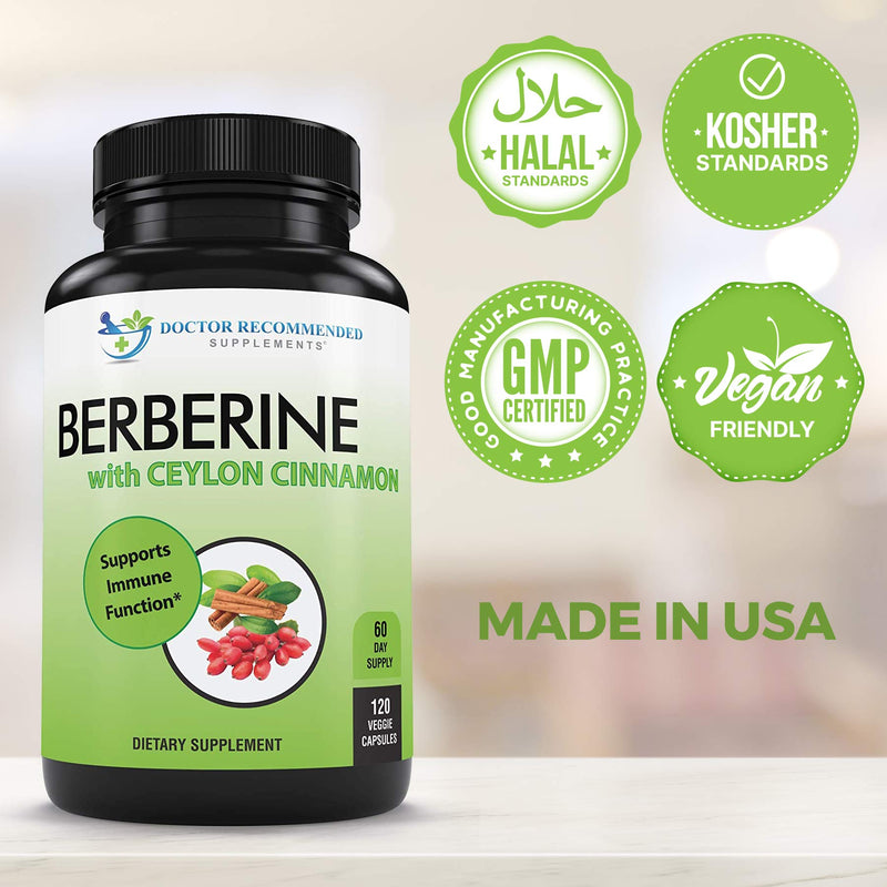 Berberine with Ceylon Cinnamon - 1200mg Berberine & 100mg Organic Ceylon Cinnamon - 120 Veggie Capsules, Healthy Immune System Cardiovascular Heart & Gastrointestinal Wellness 120 Count (Pack of 1) - NewNest Australia