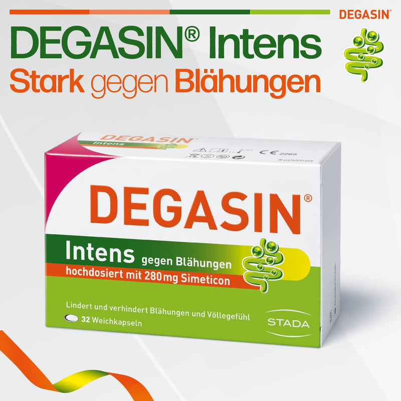 DEGASIN Intens - high-dose preparation with 280 mg simeticone - relieves flatulence, gastrointestinal problems and a feeling of fullness - 1 x 32 soft capsules - NewNest Australia