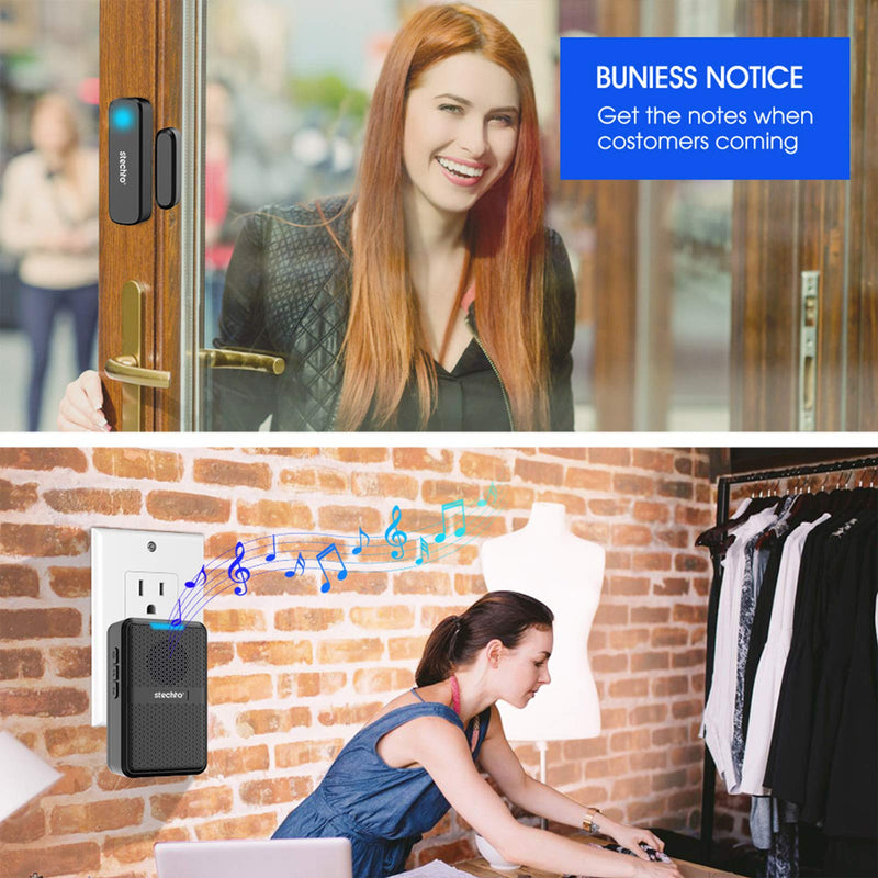 Wireless Door Chime,600Ft Range 5 Adjustable Volume 1 Magnetic Door open Contact Sensor with 62 Chimes Mute Mode Door Bell Plugin Receiver for Home/Office/Store STECHRO (Black) Black - NewNest Australia