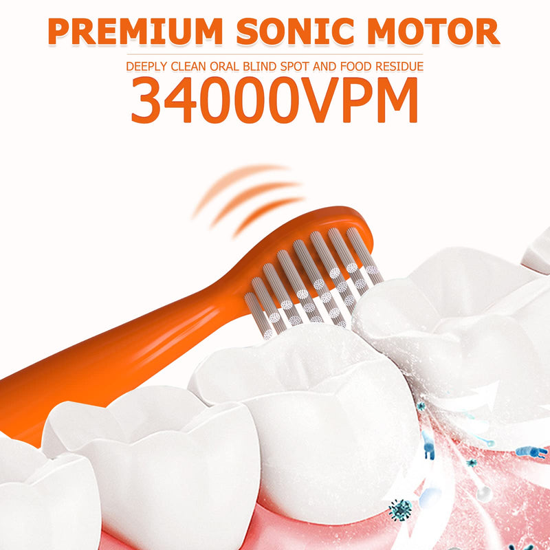 Kids Sonic Electric Toothbrush, Rechargeable Smart Toothbrush for Children, Toothbrush for Toddlers Boys Girls Age 3-12 with 30s Reminder, 2 Mins Timer, 6 Modes, 6 Brush Heads, Wall-Mounted Holder 8650 Orange+ 6 Heads+ Stand - NewNest Australia