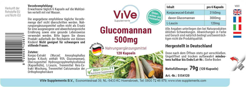 Glucomannan 500mg - 120 vegan capsules made from konjac root extract - natural swelling agent, fiber | Quality from Germany from ViVe Supplements - NewNest Australia