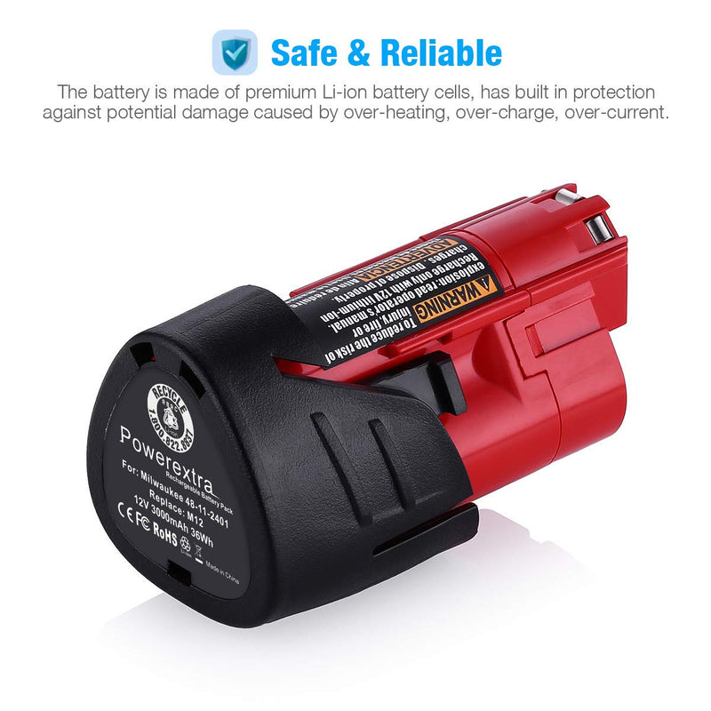 Powerextra 2 Pack 12V 3000mAh Lithium-ion Replacement Battery Compatible with Milwaukee M12 48-11-2411 48-11-2420 48-11-2401 48-11-2402 48-11-2401 12-Volt M12 Cordless Tools - NewNest Australia
