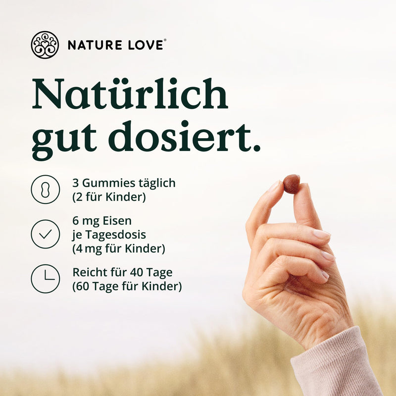 NATURE LOVE® Iron Gummies - 120 pieces - no added sugar, 96.5% fruit content - 6 mg daily dose for adults, 4 mg for children - alternative to iron tablets and capsules - vegan and laboratory tested - NewNest Australia