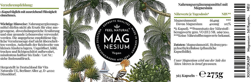 Magnesium capsules - 365 pieces (1 year) 664 mg per capsule, of which 400 mg elementary (pure) magnesium - higher content than magnesium citrate. Laboratory tested, high dose. Vegan, Made in Germany. - NewNest Australia