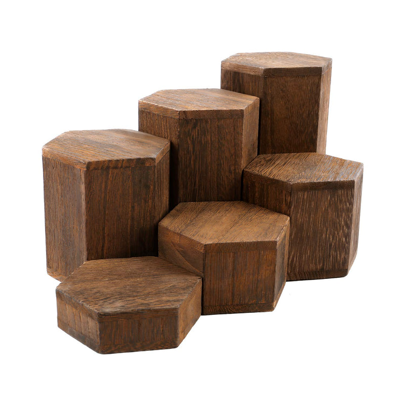 NewNest Australia - Mooca Wooden 6 Pcs Hexagon Risers for Display Jewelry and Accessories Display Stand, Wooden Display Risers, Wood Jewelry Risers Wood Figurine Display Risers, Brown 