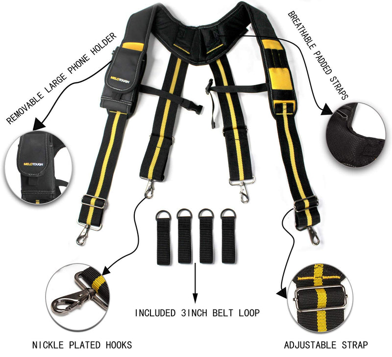 Melo Tough Padded Suspenders/Tool Belt Suspenders with phone holder Tape Holder Pencil holder Adjustable Straps, suspenders Loop heavy duty work for carpenter electrician work Suspension Rig X back - NewNest Australia