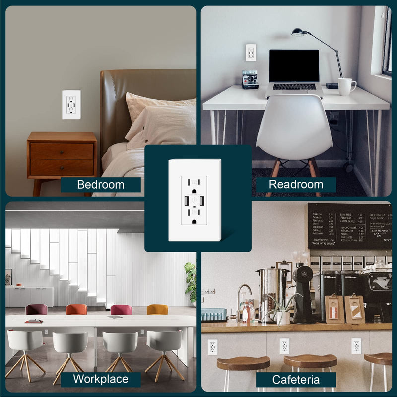 TOPELER 2Pack USB Wall Outlet, 4.8A High Speed USB Ports with Smart Chip, 15A Tamper Resistant Electrical Receptacle Socket, Screwless Wall Plate Included, UL & FCC Approved White - NewNest Australia